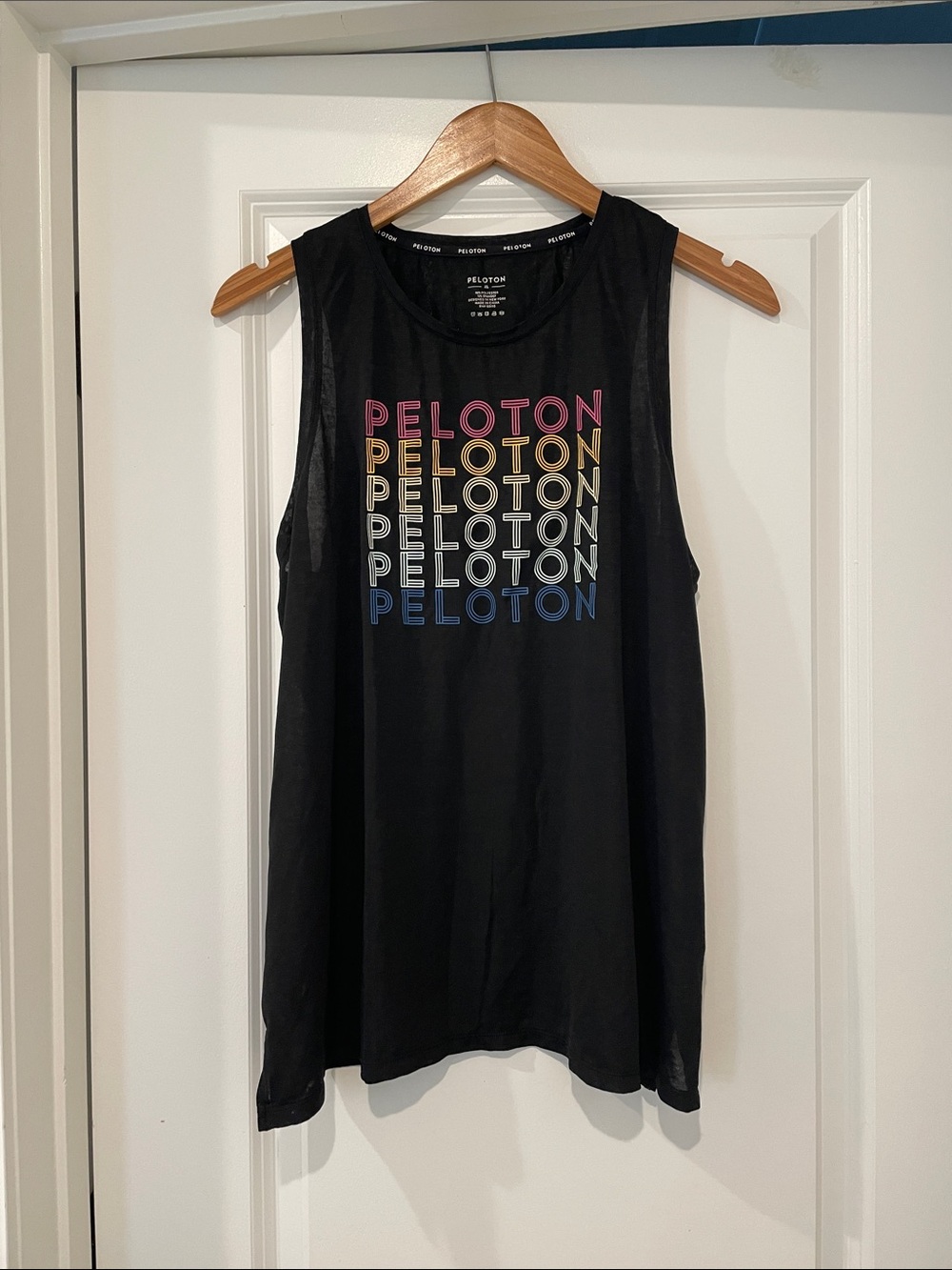 Peloton Black Muscle Tank with Rainbow Stacked Logo xl